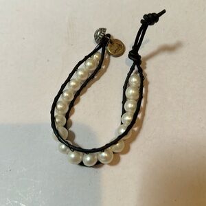 White pearl, leather and silver Nantucket bracelet